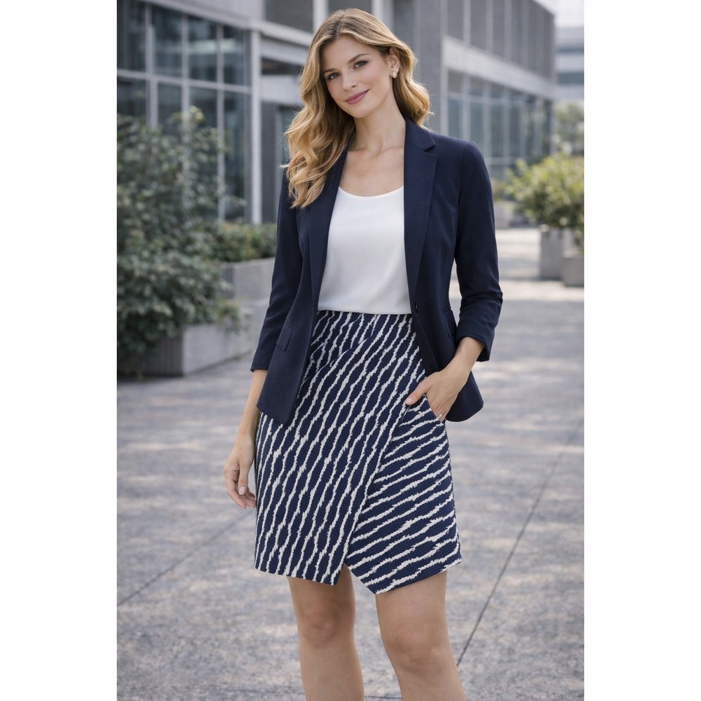 Ann Taylor LOFT Petites‎ Asym Skirt Navy White Textured Work Office Cotton MP